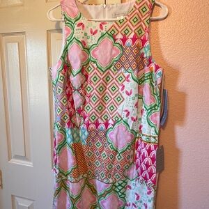London Times Pink, Green & Yellow Geometric Sleeveless Dress